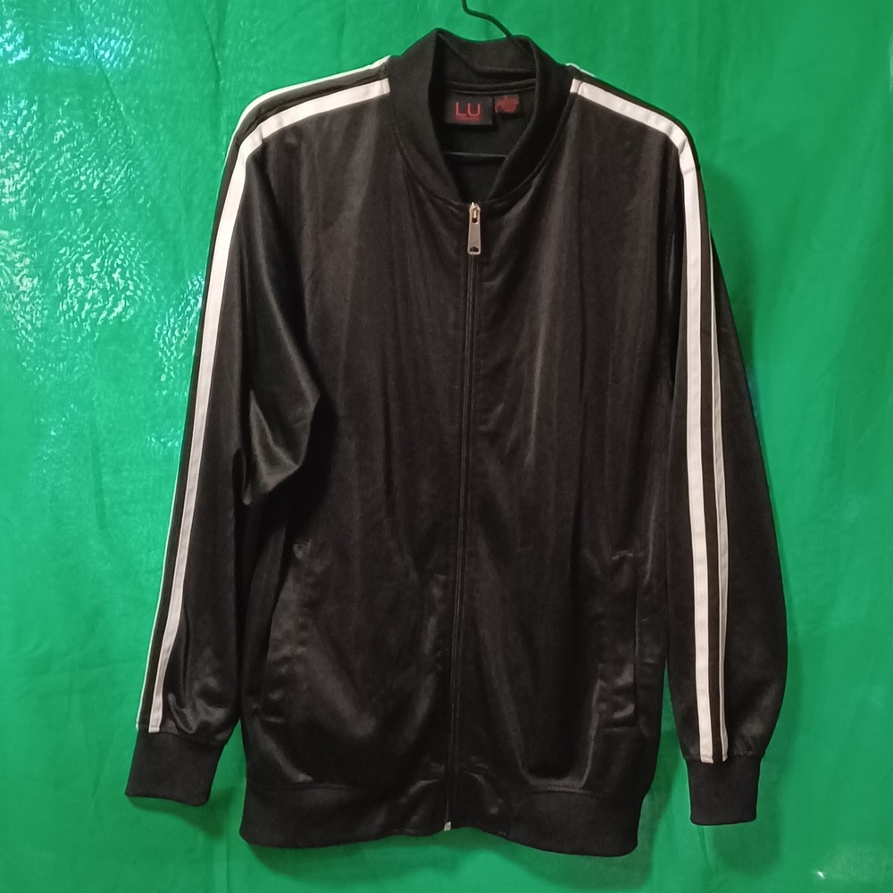 Linea Uomo Men Track Jacket Large Black White Stripe Full Zip Bomber Athletic LU